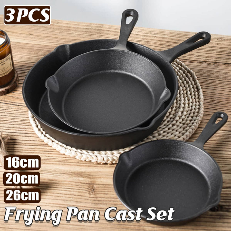 Non Stick Cast Iron Frying Pan Set of 3 - 16cm, 20cm and 26cm Skillet Cookware