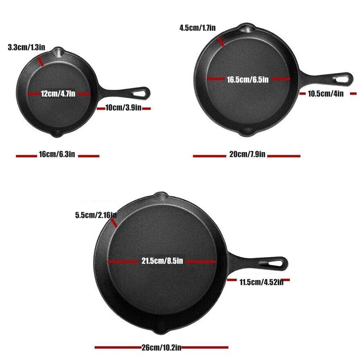 Non Stick Cast Iron Frying Pan Set of 3 - 16cm, 20cm and 26cm Skillet Cookware - view 3