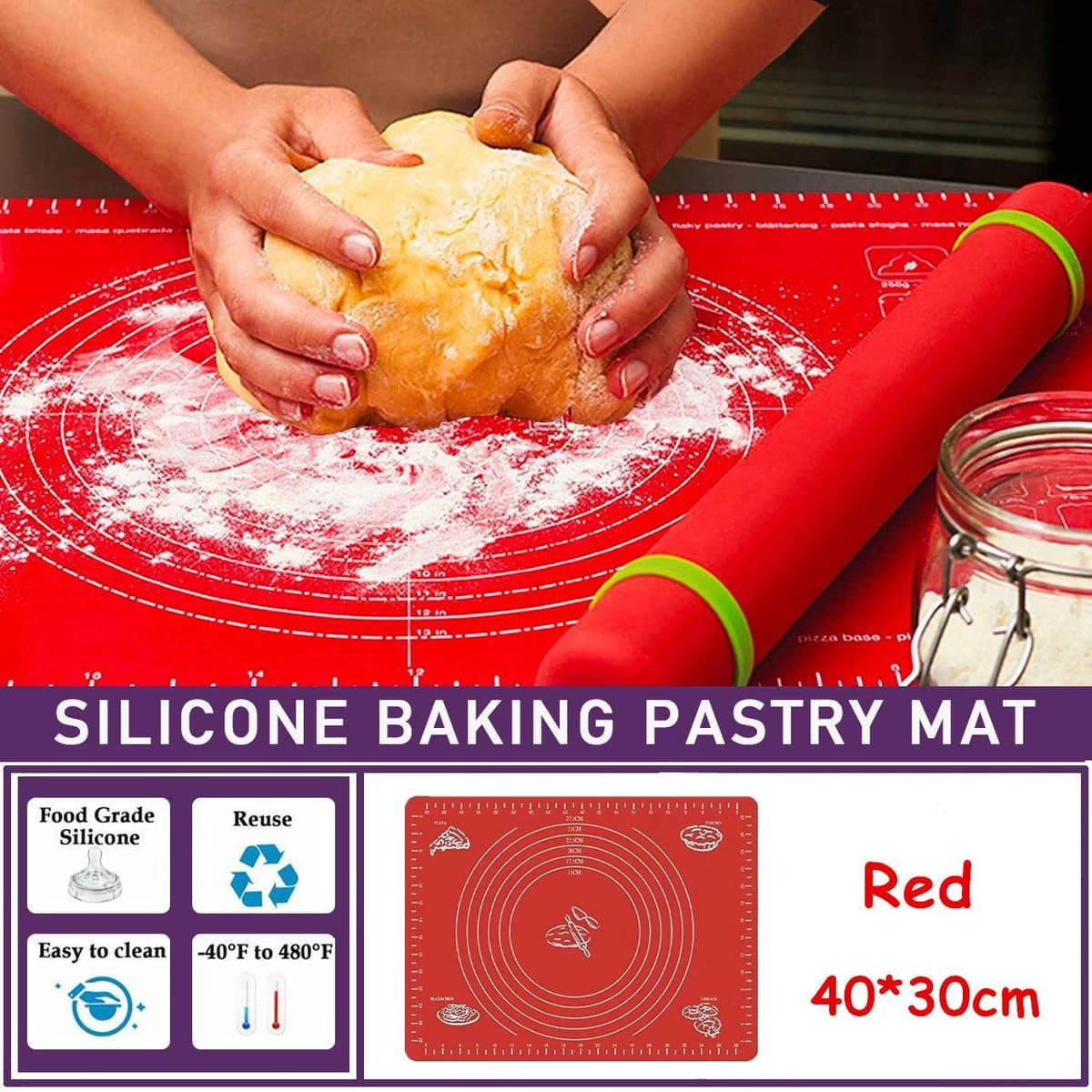 Non-Stick Silicone Baking Mat - 40 x 30 cm, Red Dough Rolling Sheet