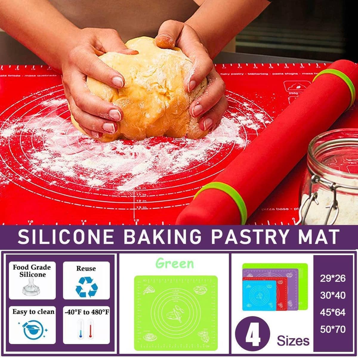 Non-Stick Silicone Dough Rolling Mat - Green, 64 x 45 cm - view 2