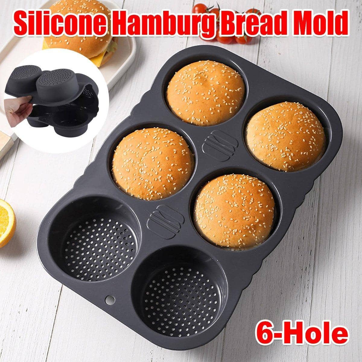 Non-Stick Silicone Hamburger Bun Mould - 6 Cavity Burger Bread Baking Pan