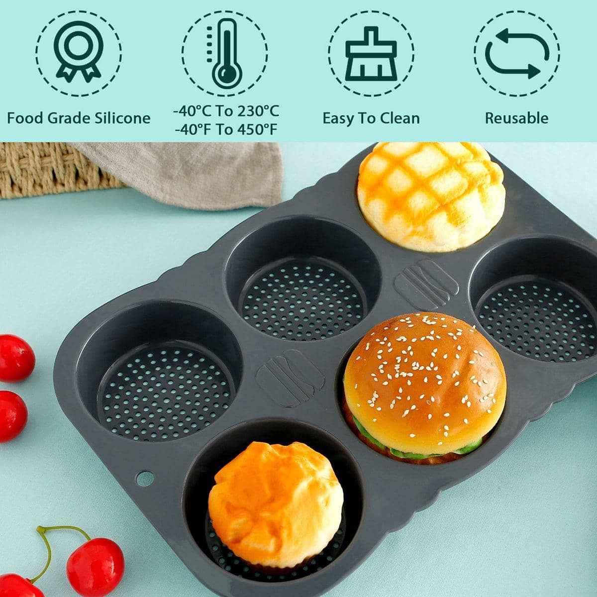 Non-Stick Silicone Hamburger Bun Mould - 6 Cavity Burger Bread Baking Pan - view 4