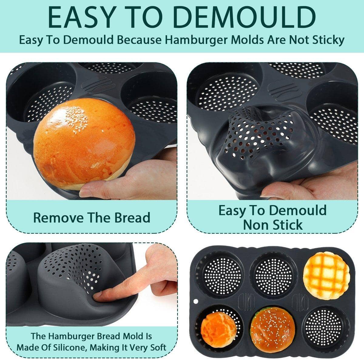 Non-Stick Silicone Hamburger Bun Mould - 6 Cavity Burger Bread Baking Pan - view 5