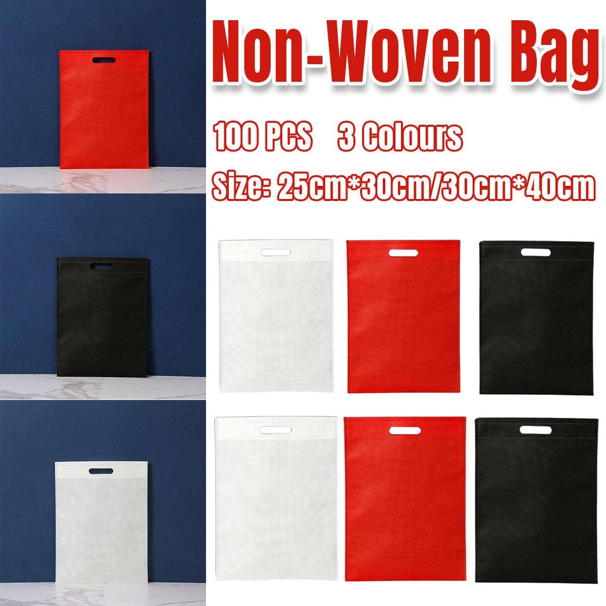 Non-Woven Flat Pocket Shopping Bags, Pack of 100 - White, 25 x 30 cm - view 2