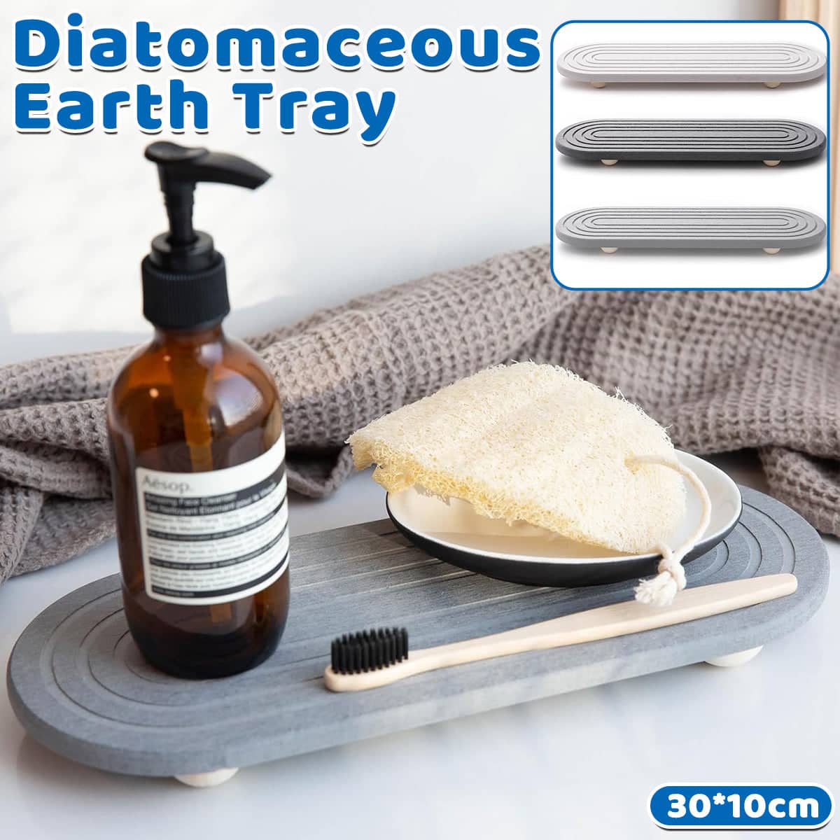 Nordic Diatomaceous Earth Bathroom Sink Drying Mat Tray, 30 x 10 cm - Dark Grey - view 2