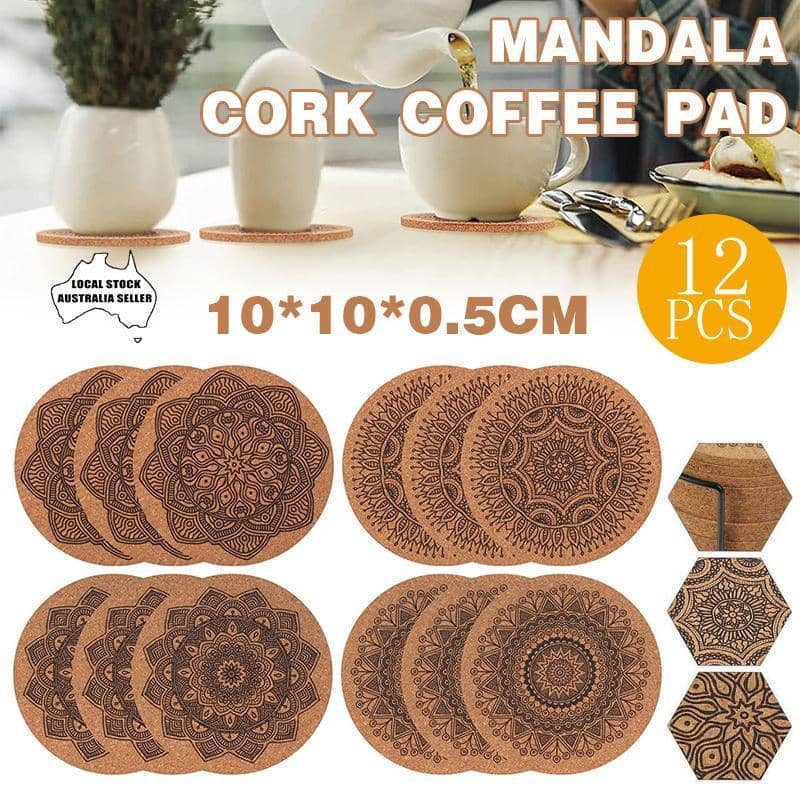 Nordic Mandala Cork Cup Coasters with Rack, Pack of 12