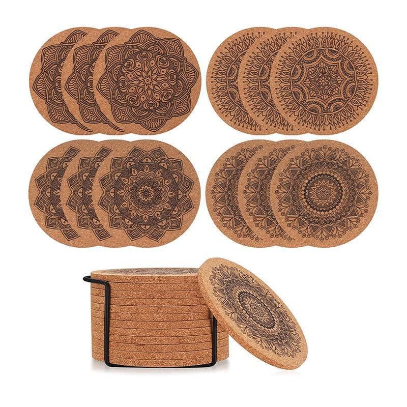 Nordic Mandala Cork Cup Coasters with Rack, Pack of 12 - view 2