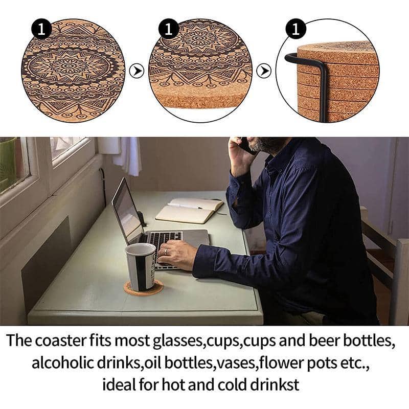 Nordic Mandala Cork Cup Coasters with Rack, Pack of 12 - view 4