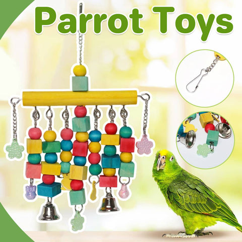 Nordic Woven Parrot Toy with Wooden Blocks, Hanging Bird Cage Pendant