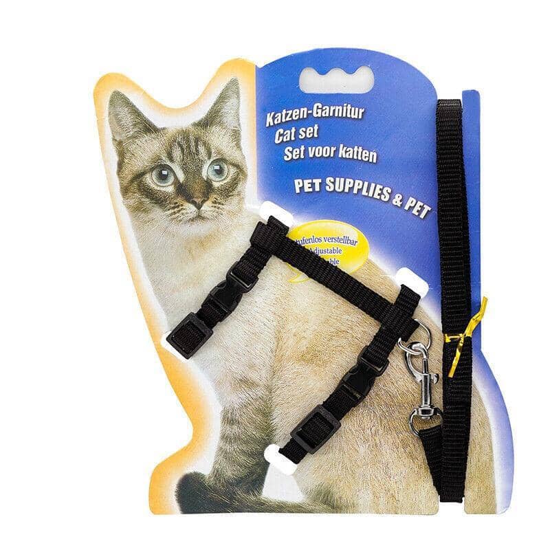 Nylon Cat Harness and Lead Set, Adjustable Strap for Outdoor Walks - Black