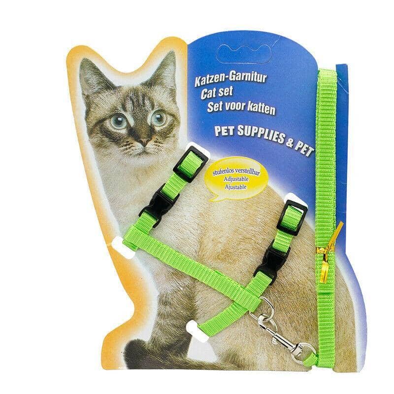 Nylon Cat Harness and Lead Set, Adjustable Strap for Outdoor Walks - Green