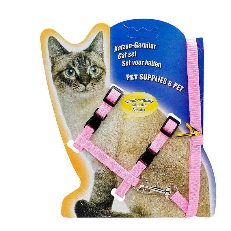 Nylon Cat Harness and Lead Set, Adjustable Strap for Outdoor Walks - Pink