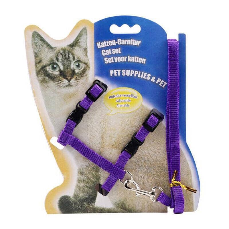 Nylon Cat Harness and Lead Set, Adjustable Strap for Outdoor Walks - Purple