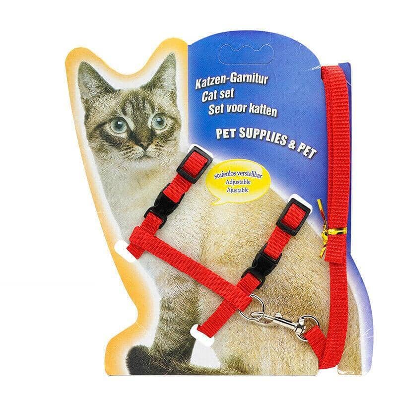 Nylon Cat Harness and Lead Set, Adjustable Strap for Outdoor Walks - Red