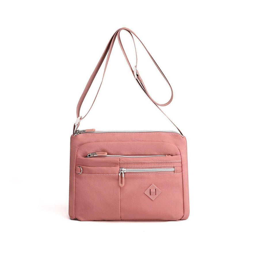 Nylon Crossbody Shoulder Bag with Multiple Zip Pockets - Pink