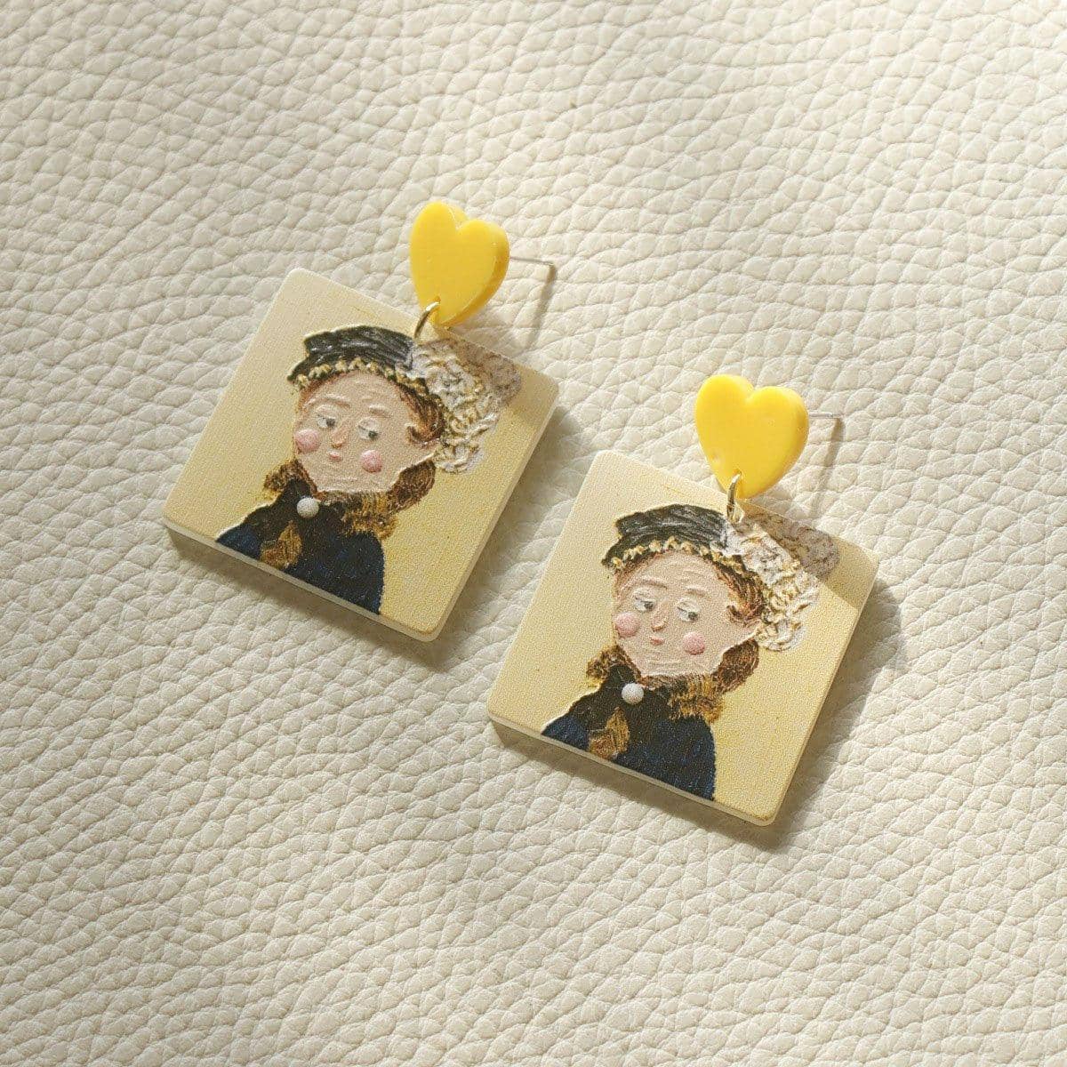 Oil Painting Style Acrylic Earrings - Boy in Black Hat - view 5