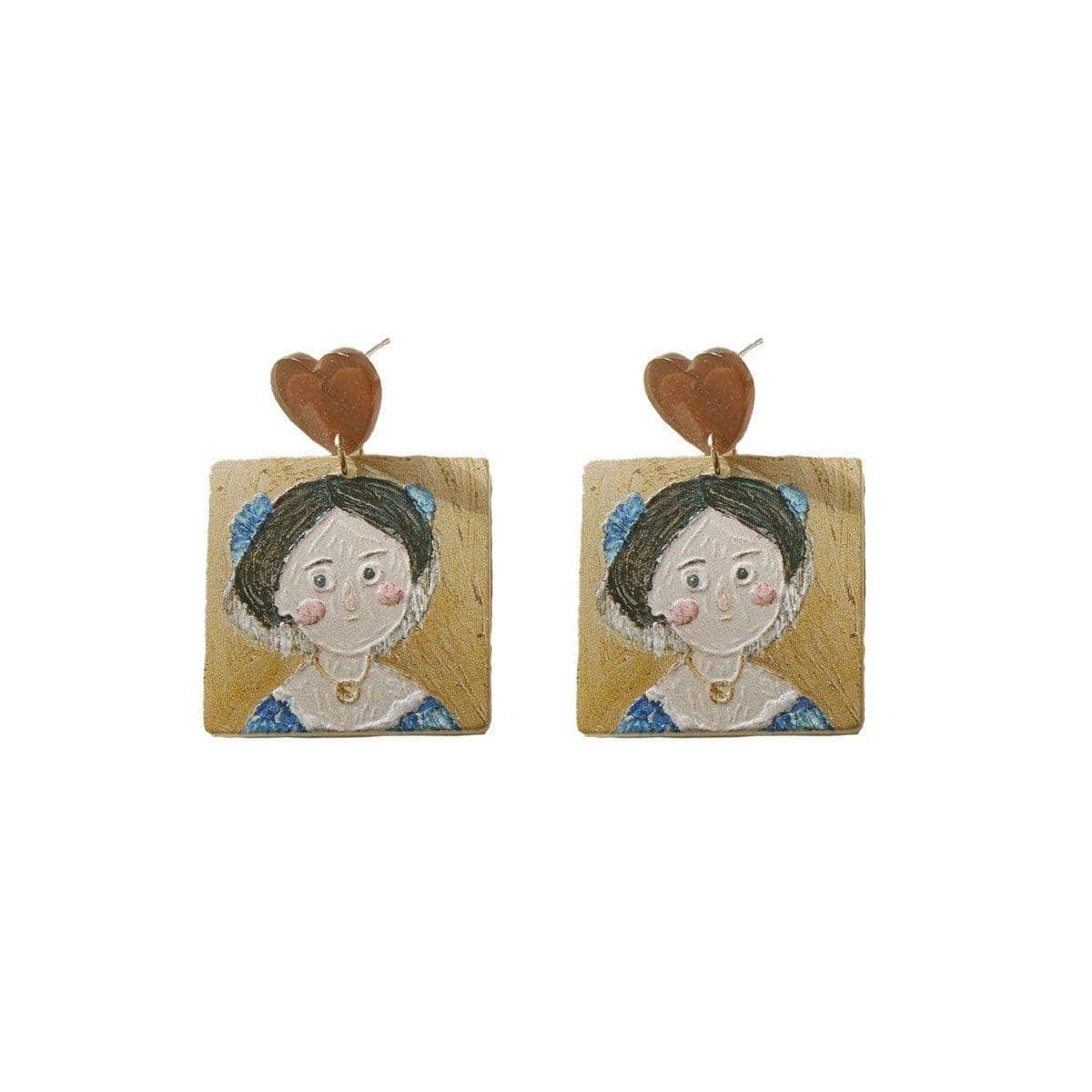 Oil Painting Style Acrylic Earrings - Girl in Blue Top