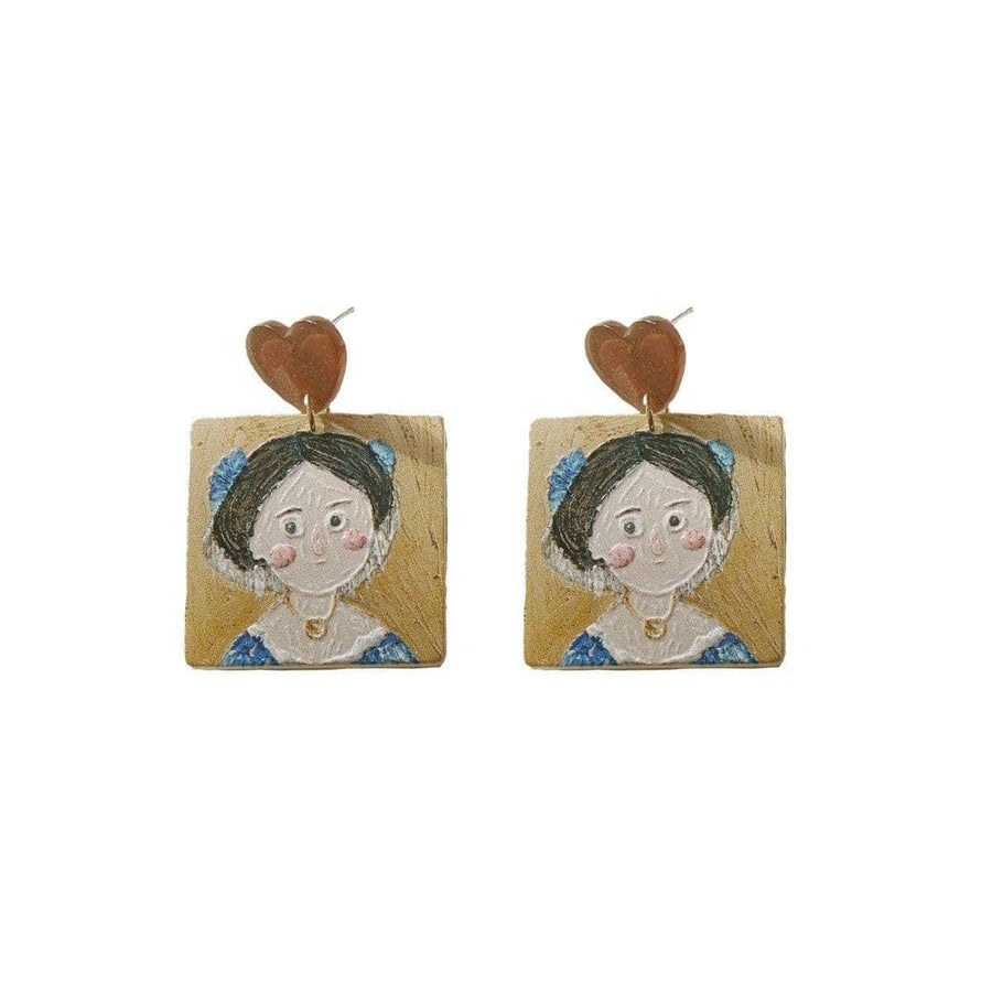 Oil Painting Style Acrylic Earrings - Girl in Blue Top