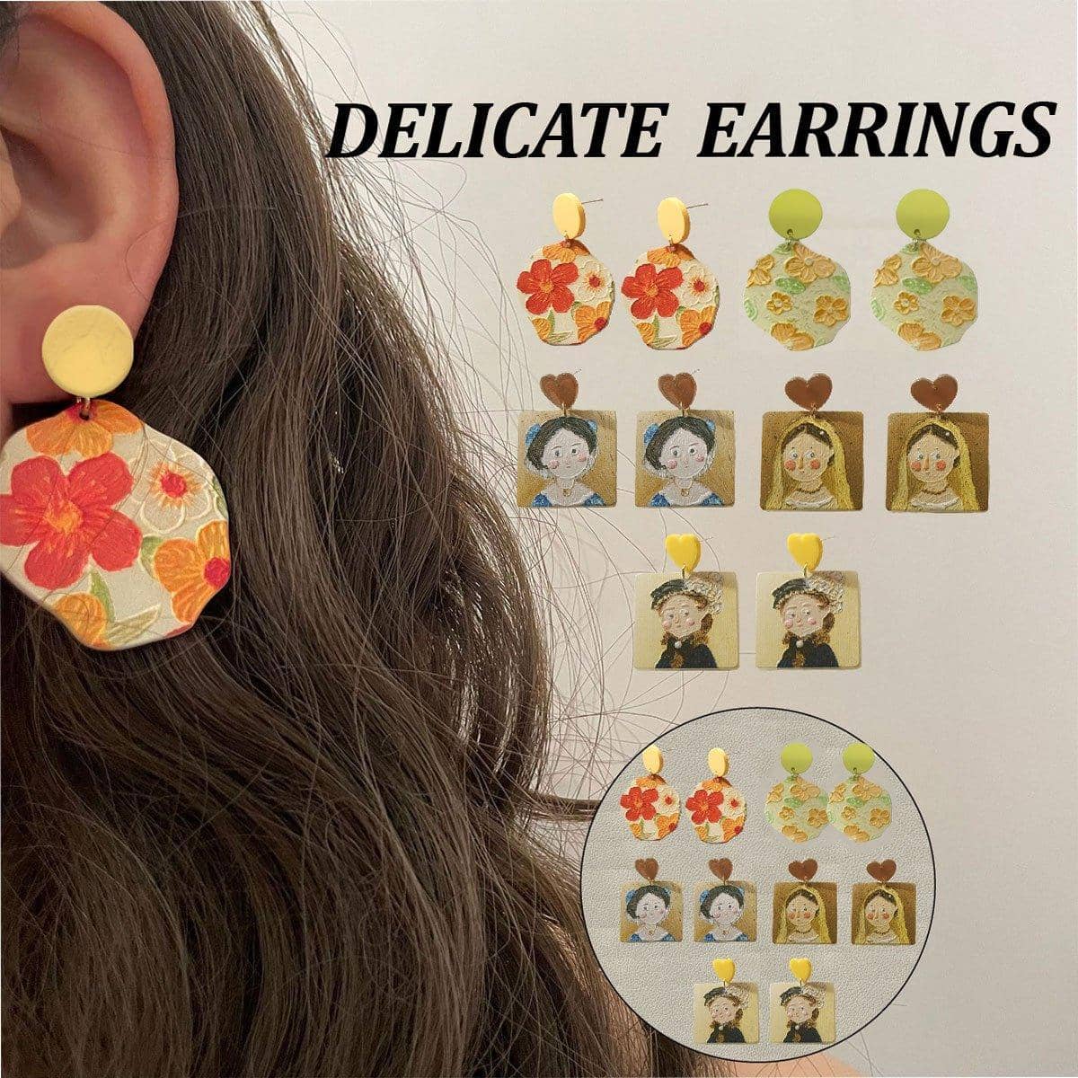 Oil Painting Style Acrylic Earrings - Girl in Blue Top - view 2
