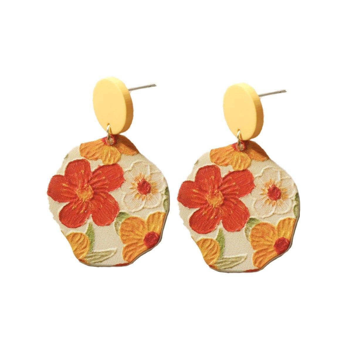 Oil Painting Style Acrylic Earrings - Red Flower Print