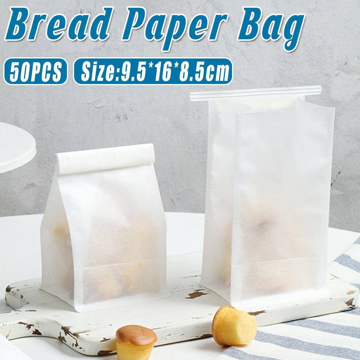 Oil-Proof Paper Bread Bags with Iron Wire Seal, Self-Standing, Pack of 50