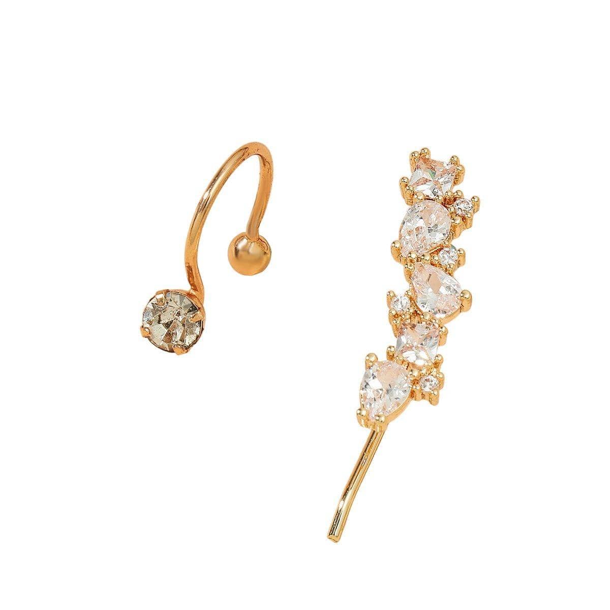 Open Hoop Ear Cuff and Teardrop Stone Ear Climber Set - Gold