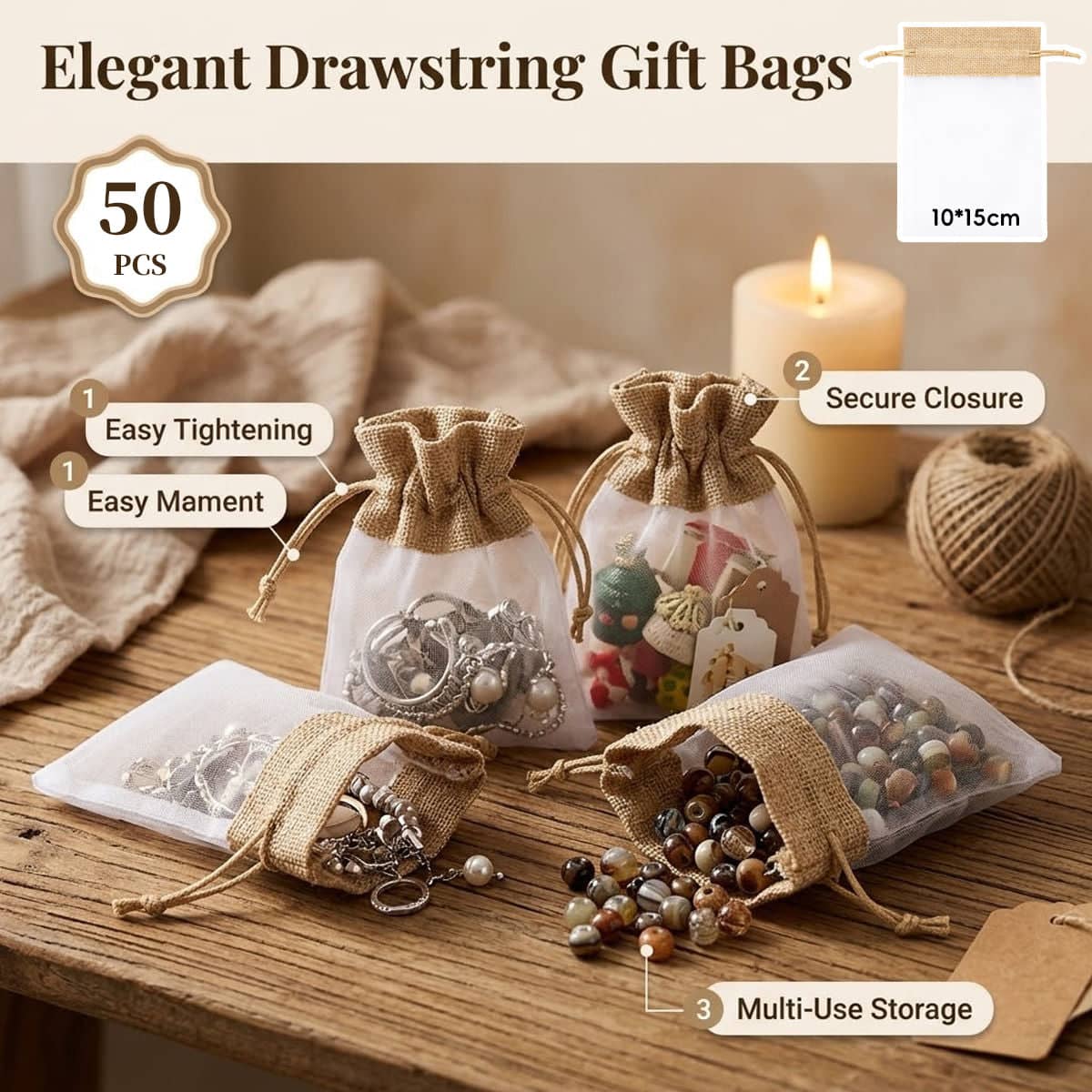 Organza Jute Drawstring Gift Bags 10 x 15 cm Pack of 50