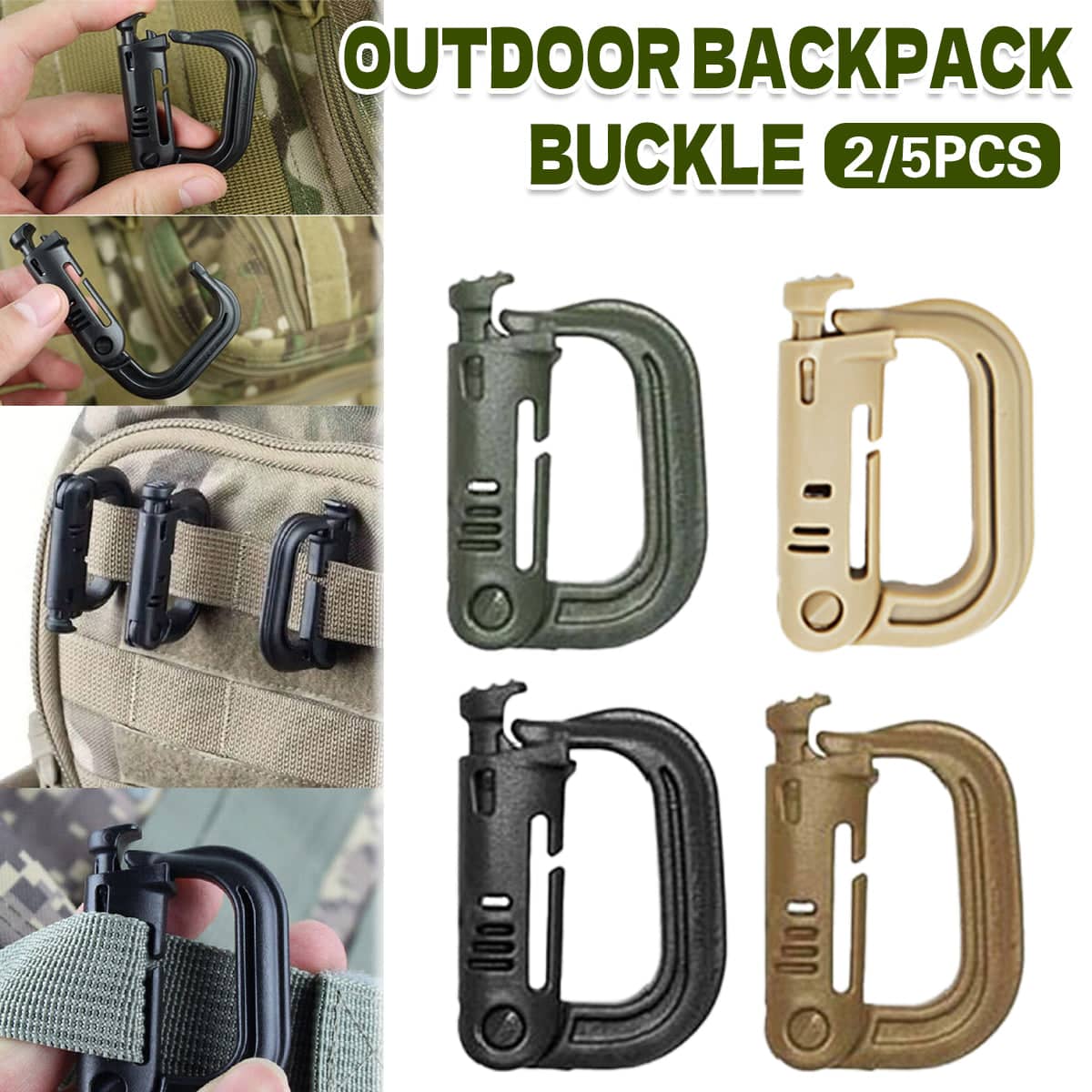 Outdoor Backpack D-Ring Buckle, Plastic Snap Clip, Pack of 5 - Green - view 2