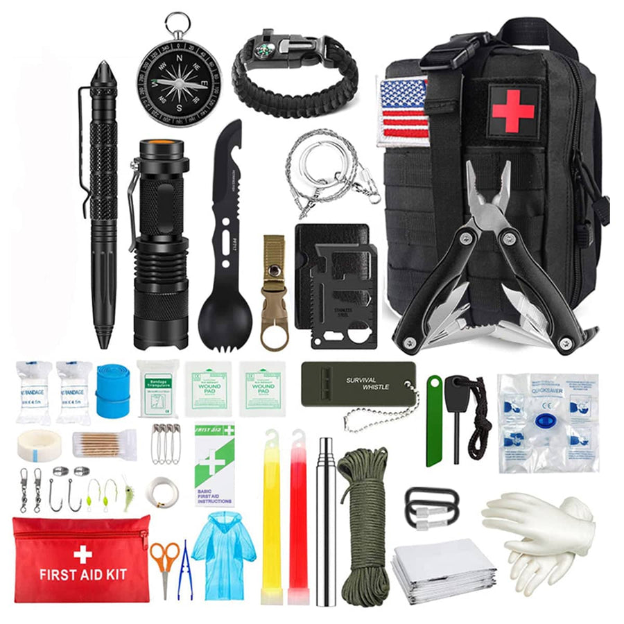 Outdoor Camping Survival Tool Set Multi Function Kit with First Aid Items - Black