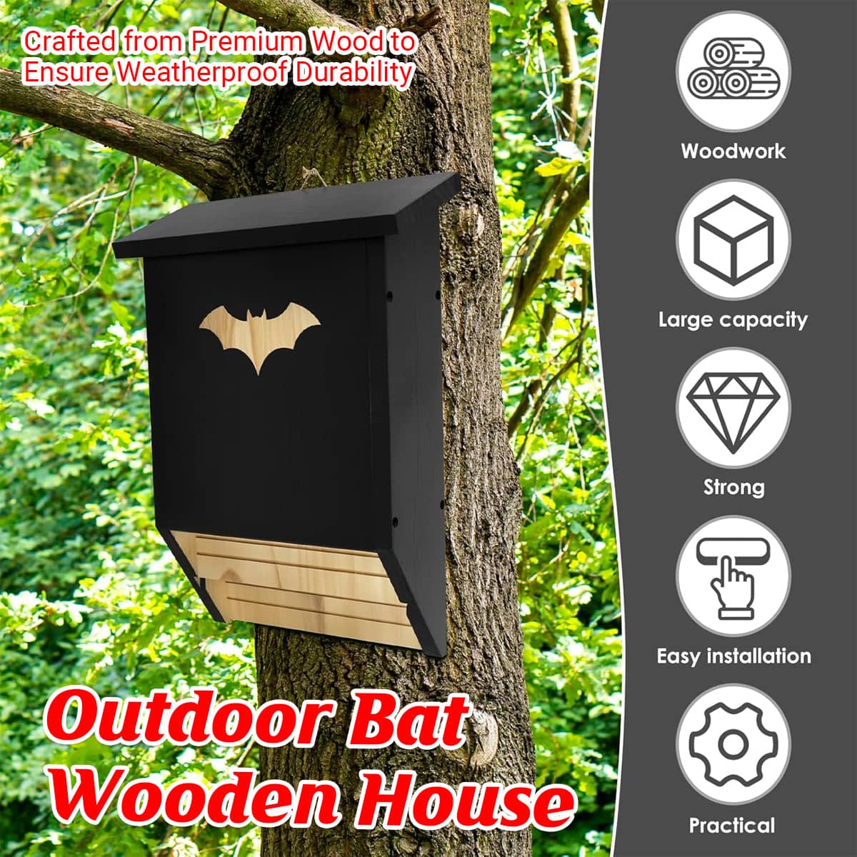 Outdoor Cedar Bat House to Attract Bats, Weatherproof Bat Box with Easy Installation