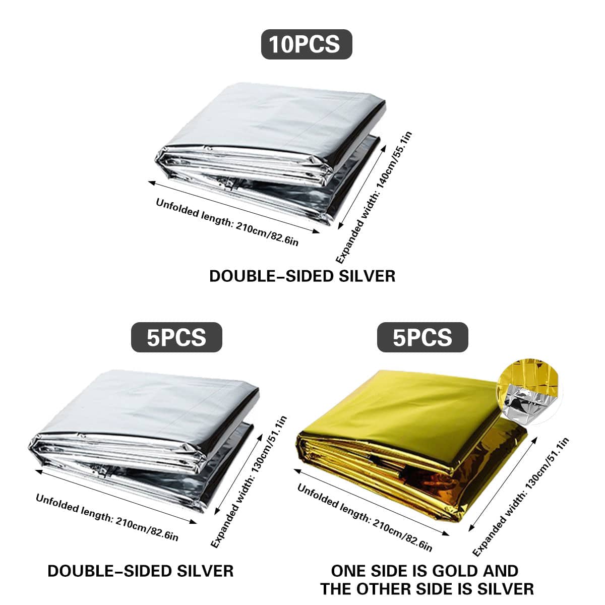 Outdoor Emergency Thermal Blankets - Double-Sided Silver, Pack of 5, 130 x 210cm - view 4