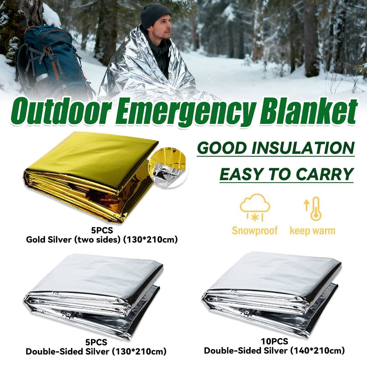 Outdoor Emergency Thermal Blankets - Gold One Side, Silver the Other, Pack of 5, 130 x 210cm - view 2