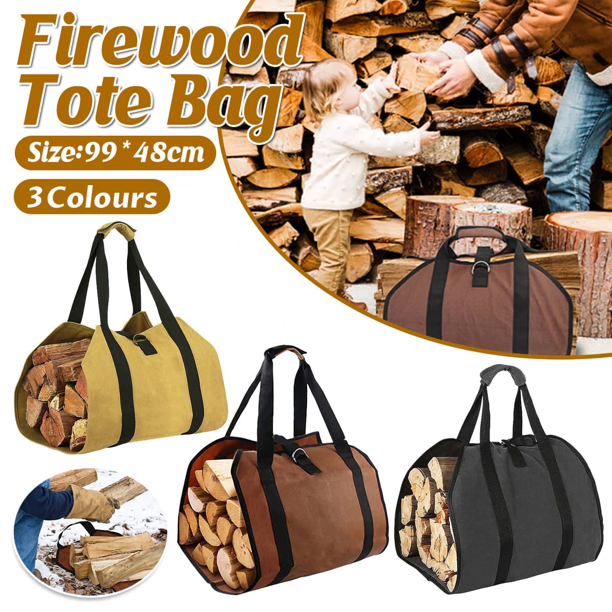 Outdoor Firewood Tote Bag, Portable Durable Campfire Wood Carrier - Yellow - view 2
