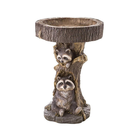 Outdoor Resin Bird Feeder Garden Ornament Tree Stump Bird Bath - Raccoon Design