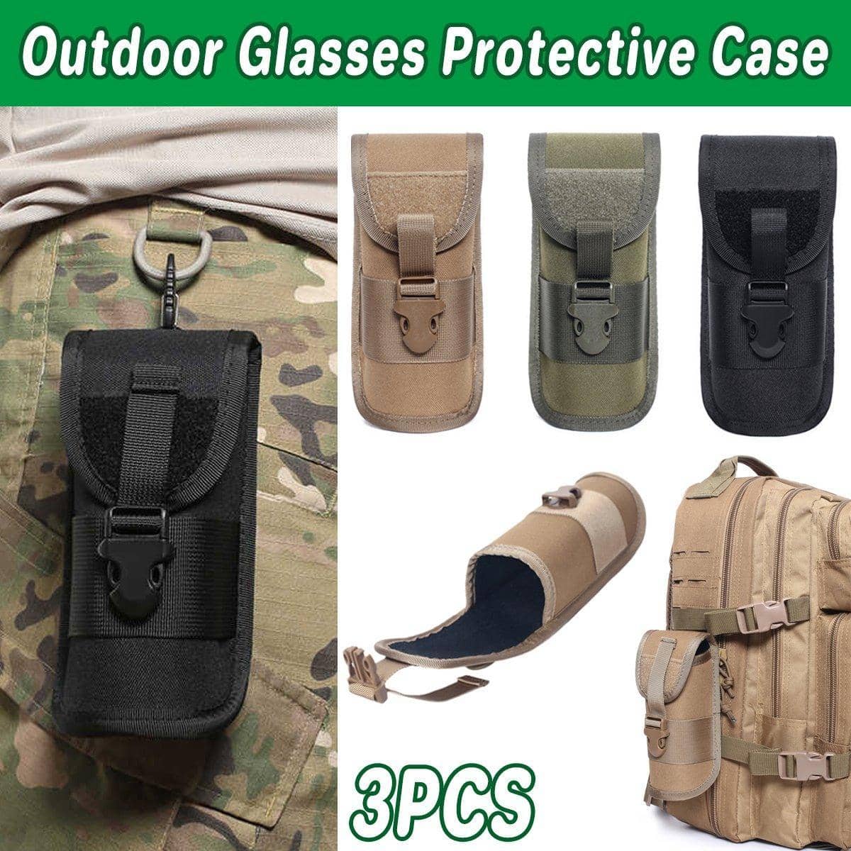 Outdoor Sunglasses Case with MOLLE Webbing and Carabiner, Pack of 3