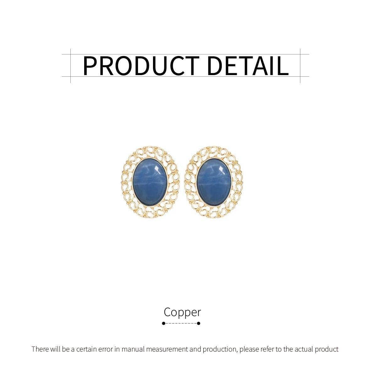 Oval Blue Oil Drop Stud Earrings, Retro Fashion Jewellery with Silver Needle Back - view 3