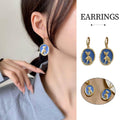Oval Cat Earrings for Women, Gold Tone with Blue Enamel Ear Buckle