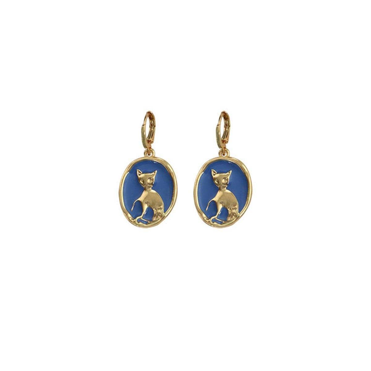 Oval Cat Earrings for Women, Gold Tone with Blue Enamel Ear Buckle - view 2