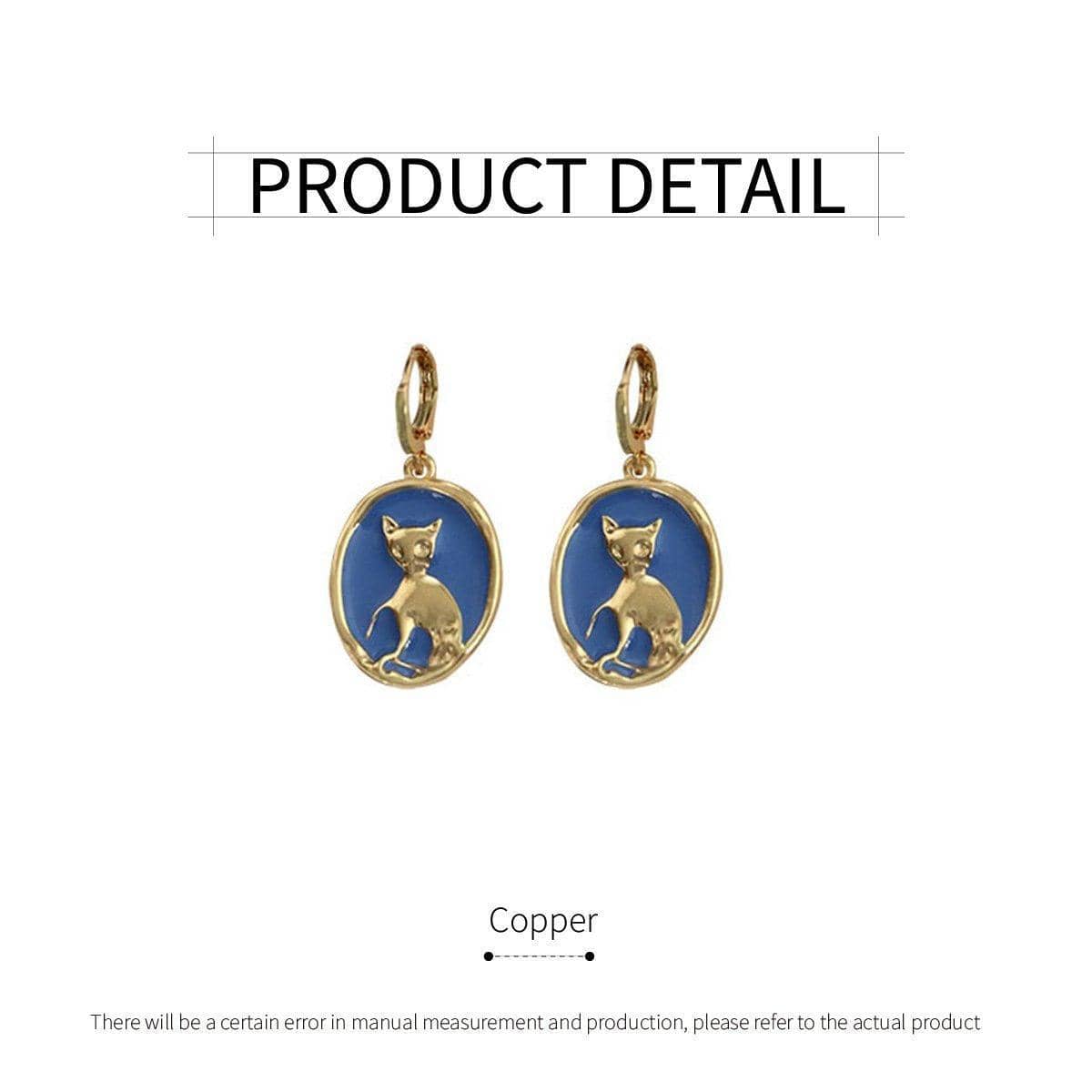 Oval Cat Earrings for Women, Gold Tone with Blue Enamel Ear Buckle - view 3