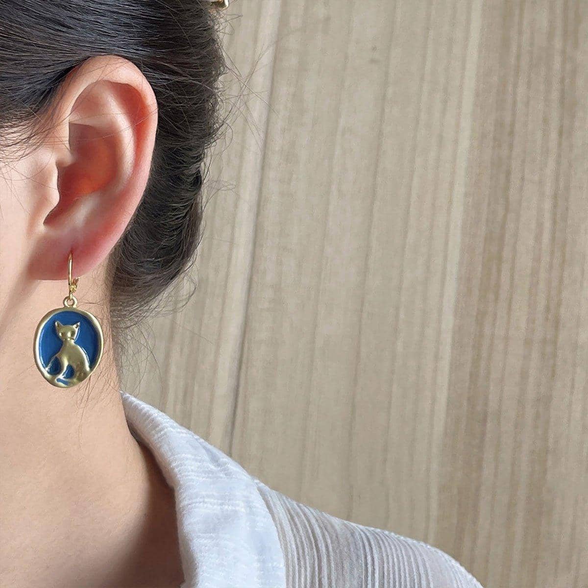 Oval Cat Earrings for Women, Gold Tone with Blue Enamel Ear Buckle - view 4