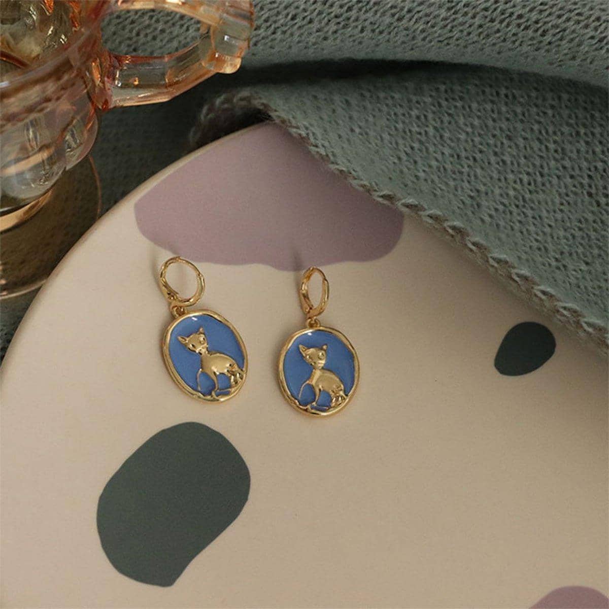Oval Cat Earrings for Women, Gold Tone with Blue Enamel Ear Buckle - view 5