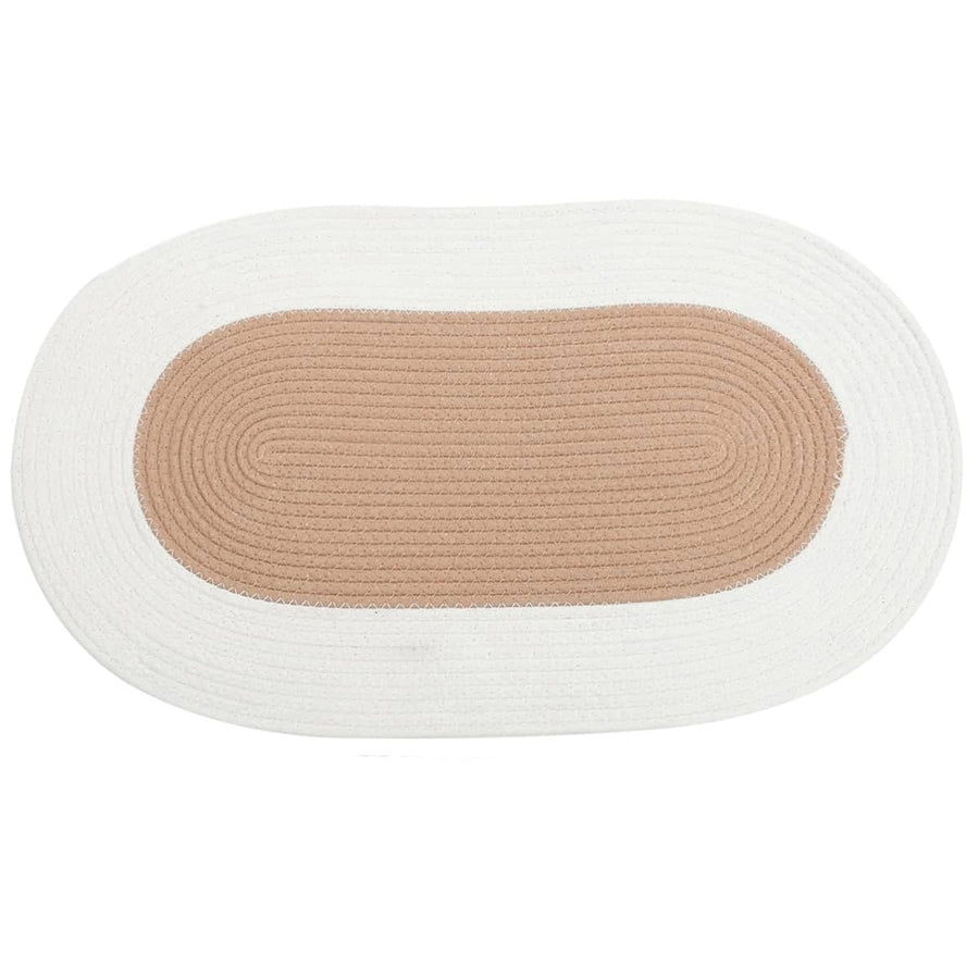 Oval Cotton Floor Mat 70 x 40 cm, Non Slip Washable Rug - Khaki