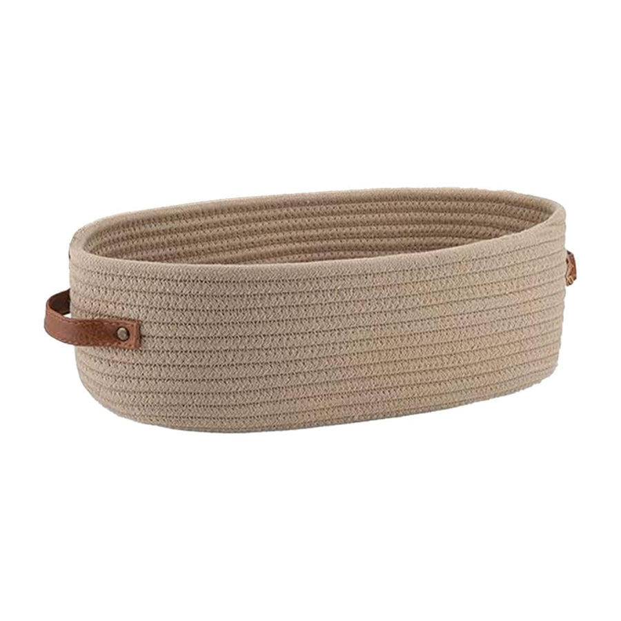 Oval Cotton Rope Storage Basket with Faux Leather Handles - Khaki