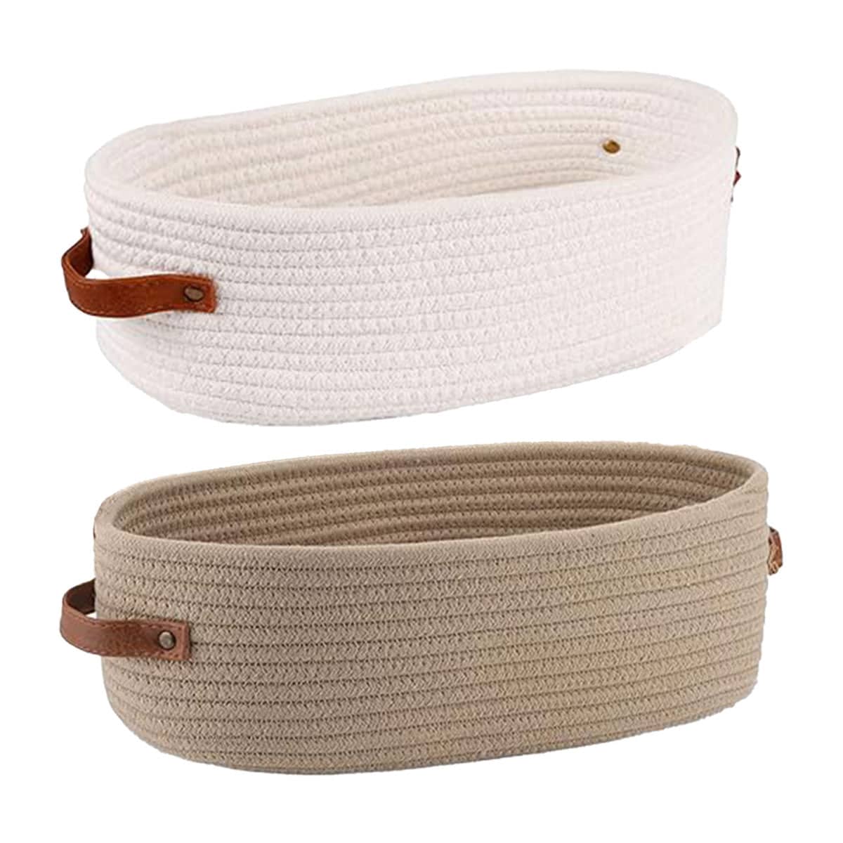 Oval Cotton Rope Storage Basket with Faux Leather Handles - Khaki - view 3