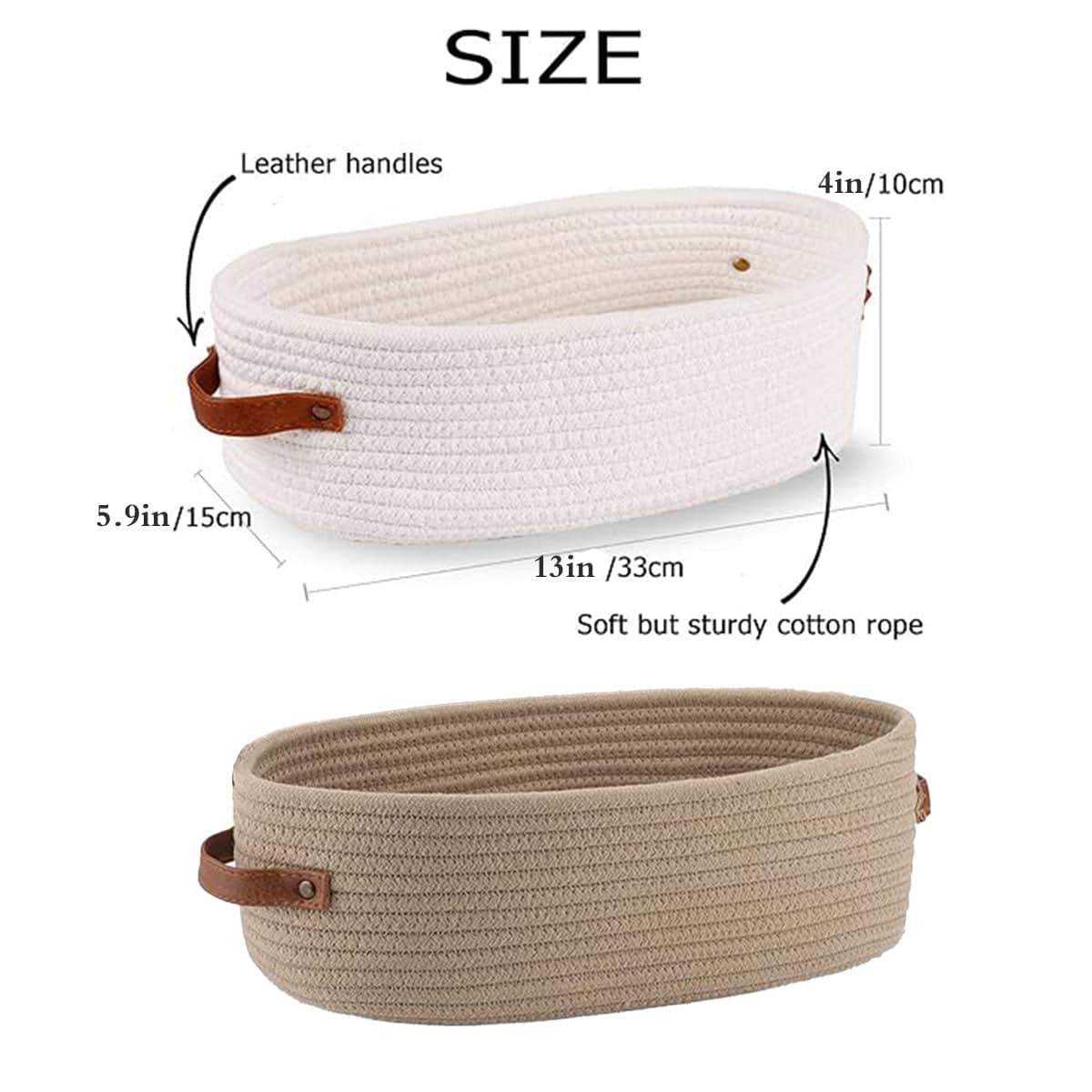 Oval Cotton Rope Storage Basket with Faux Leather Handles - Khaki - view 4