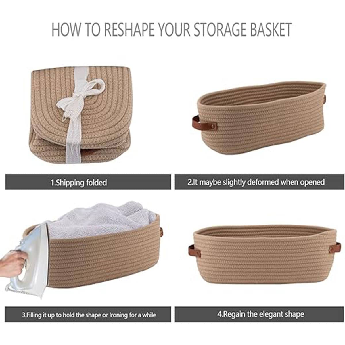 Oval Cotton Rope Storage Basket with Faux Leather Handles - Khaki - view 5