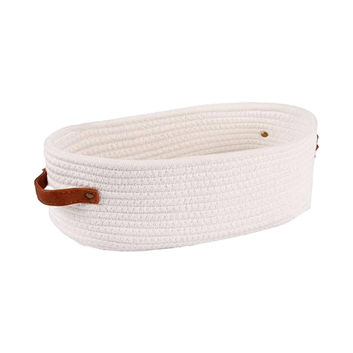Oval Cotton Rope Storage Basket with Faux Leather Handles - White