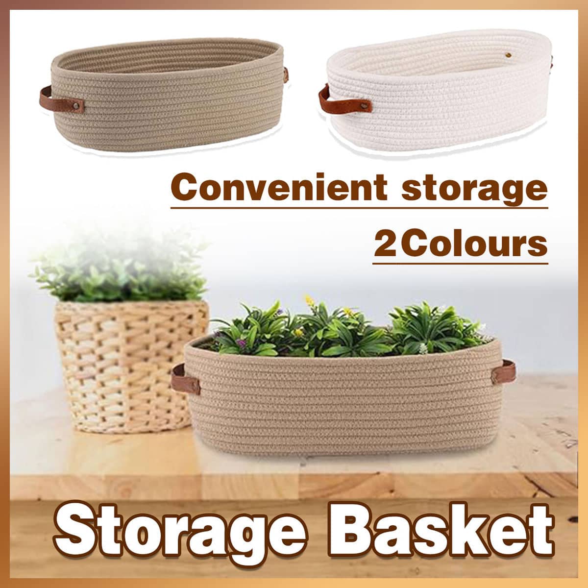 Oval Cotton Rope Storage Basket with Faux Leather Handles - White - view 2