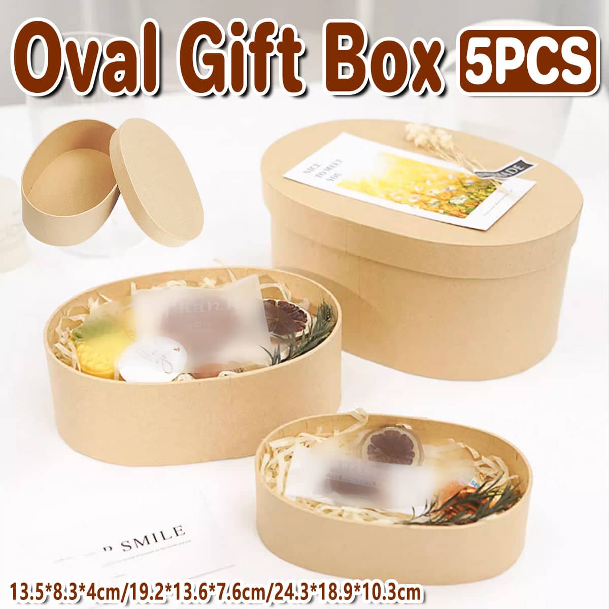 Oval Kraft Paper Gift Boxes, Pack of 5 - 13.5 x 8.3 x 4 cm - view 2