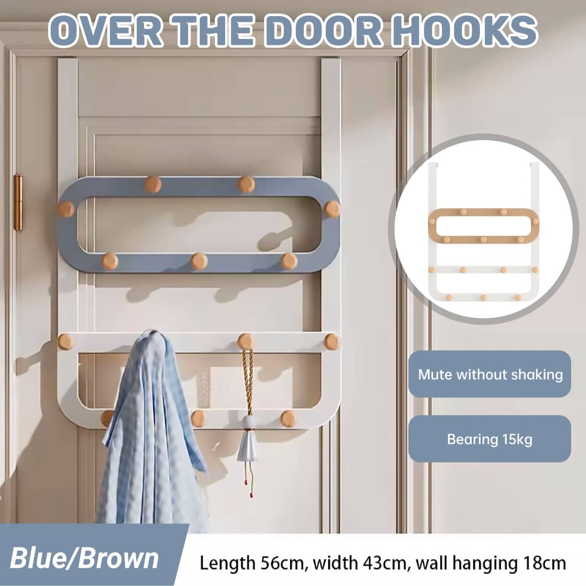 Over the Door Hook Rack with Multi Row Hooks, No Drilling - Blue - view 2